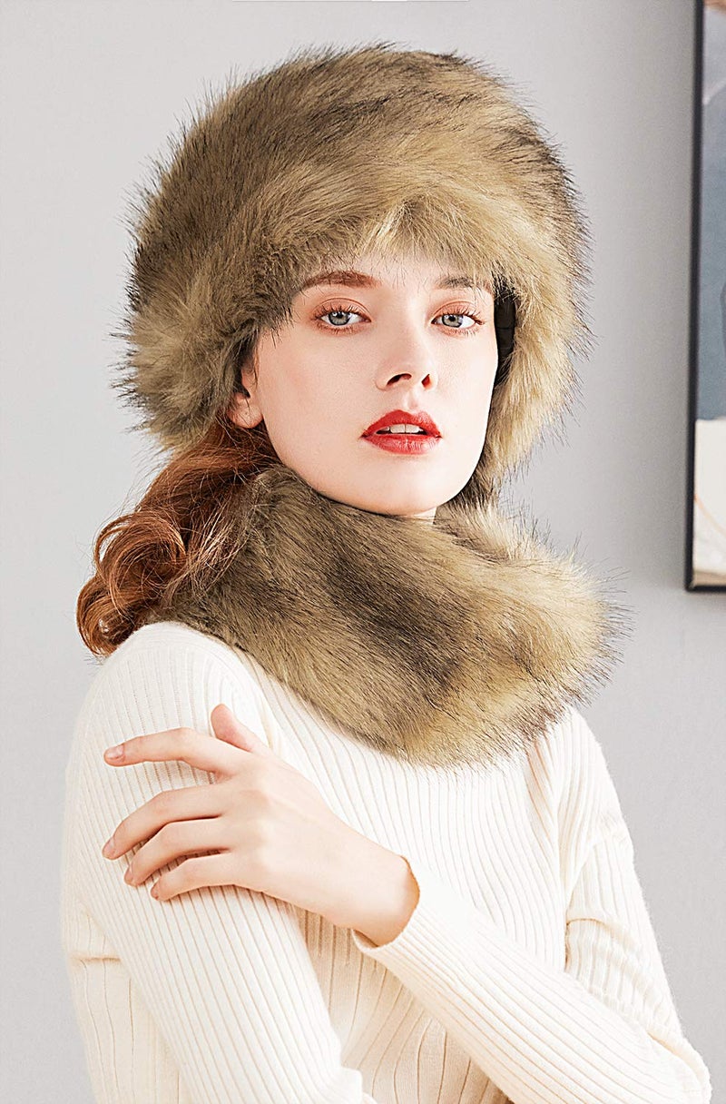 Lovful Faux Fur Women Russian Cossack Style Hat,Scarf Set for Ladies Winter,Camel - Image 3